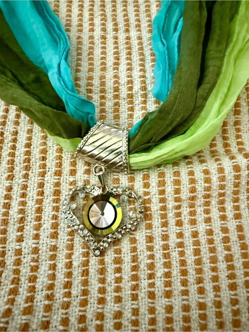 Green & Turquoise Layered Scarf Necklace with Heart Pendant